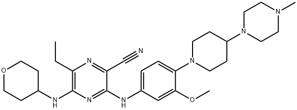 2-pürasiinkarbonitriil, 6-etüül-3-[[3-metoksü-4-[4-(4-metüül-1-piperasinüül)-1-piperidinüül]fenüül]amino]-5-[(tetrahüdro-2H-püraan- 4-üül)amino]-