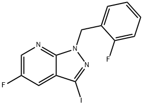 5-fluoro-1-(2-fluorobensüül)-3-jodo-1 H-pürasolo[3,4-b]püridiin