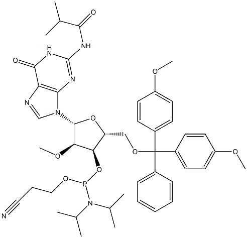 5'-O-(4,4-dimetoksütritüül)-2'-O-metüül-N-isobutürüülguanosiin-3'-(2-tsüanoetüül-N,N-diisopropüül)fosforamidiit