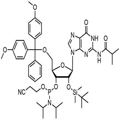 5'-O-(4,4-dimetoksütritüül)-2'-O-[(tert-butüül)dimetüülsilüül]-N-isobutürüülguanosiin-3'-(2-tsüanoetüül-N,N-diisopropüül)fosforamidiit