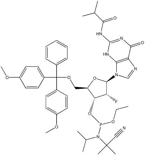 5'-O-[bis(4-metoksüfenüül)fenüülmetüül]-2'-desoksü-2'-fluoro-N-(2-metüül-1-oksopropüül)guanosiin 3'-[2-tsüanoetüül-N,N-bis( 1-metüületüül)fosforamidiit]